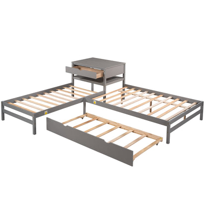 L-Shaped Full Size and Twin Size Platform Beds with Twin Size Trundle and Drawer Linked with Built-in Rectangle Table,Gray