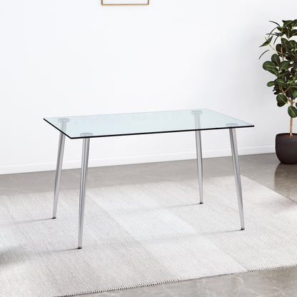 Modern Minimalist Rectangular Glass  Dining Table for 4-6 with 0.31" Tempered Glass Tabletop and Silver plating Metal Legs, Writing Table Desk, for Kitchen Dining Living Room, 51" W x 31"D x 30" H