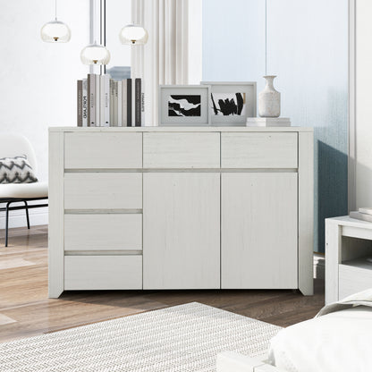 Off White Simple Style Manufacture Wood Dresser with Gray Wood Grain Sticker Surfaces Six Drawers and Two Level Cabinet Large Storage Space for Living Room Bedroom Guest Room Children’s Room