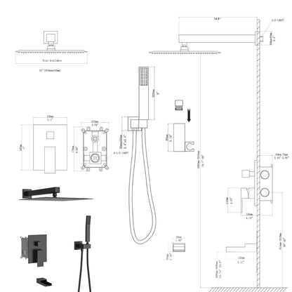 10" Rain Shower Head Systems with Waterfall Tub Spout , Matte Black,Wall Mounted shower