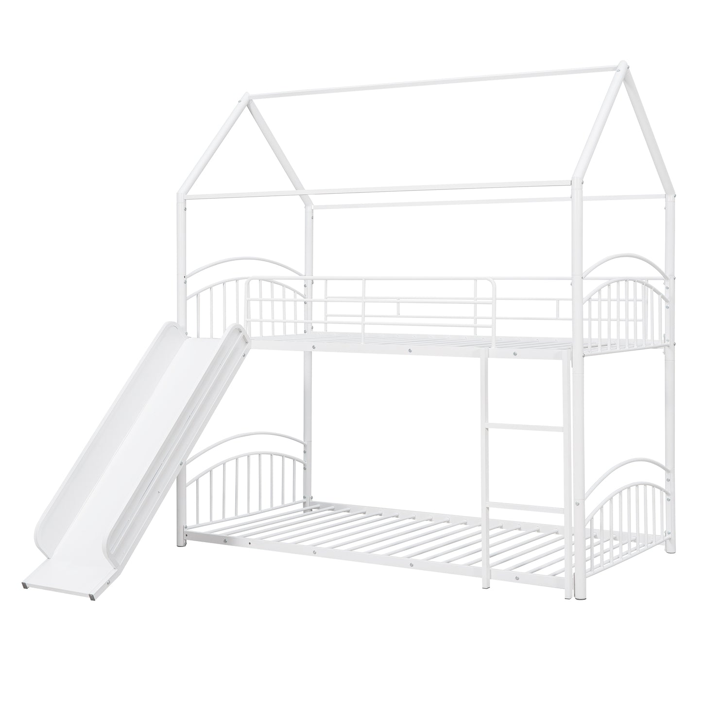 Twin Over Twin Metal Bunk Bed With Slide,Kids House Bed White