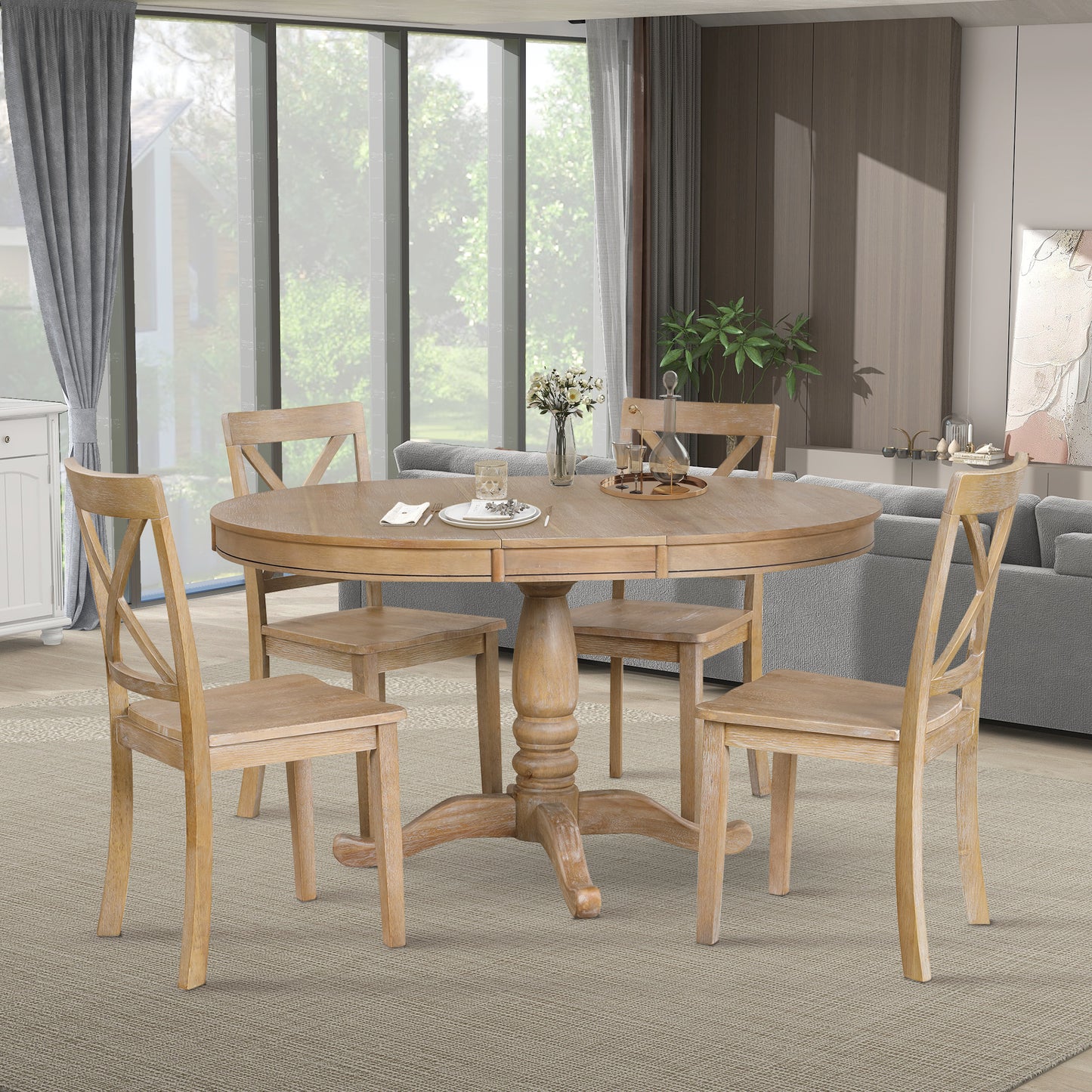 Modern Dining Table Set for 4,Round Table and 4 Kitchen Room Chairs,5 Piece Kitchen Table Set for Dining Room,Dinette,Breakfast Nook,Natural Wood Wash