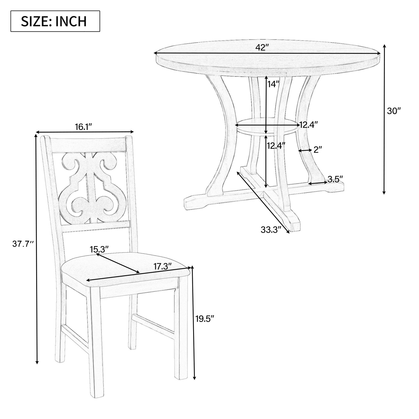 TREXM 5-Piece Round Dining Table and 4 Fabric Chairs with Special-shaped Table Legs and Storage Shelf (Antique Blue/ Dark Brown)