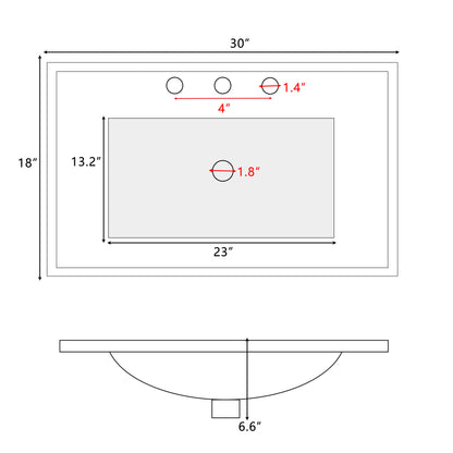 30" Single Bathroom Vanity Top with White Basin, 3-Faucet Holes, Ceramic