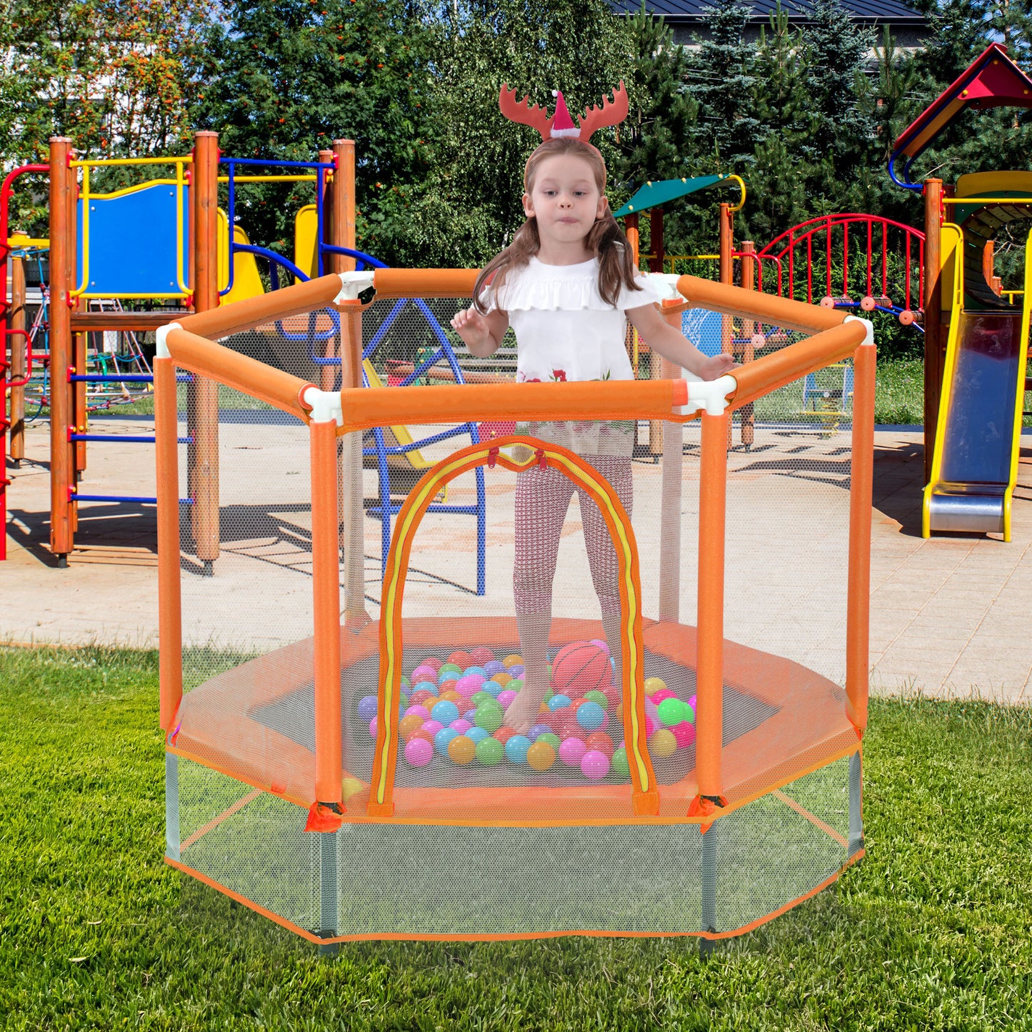 55'' Toddlers Trampoline with Safety Enclosure Net and Balls, Indoor Outdoor Mini Trampoline for Kids