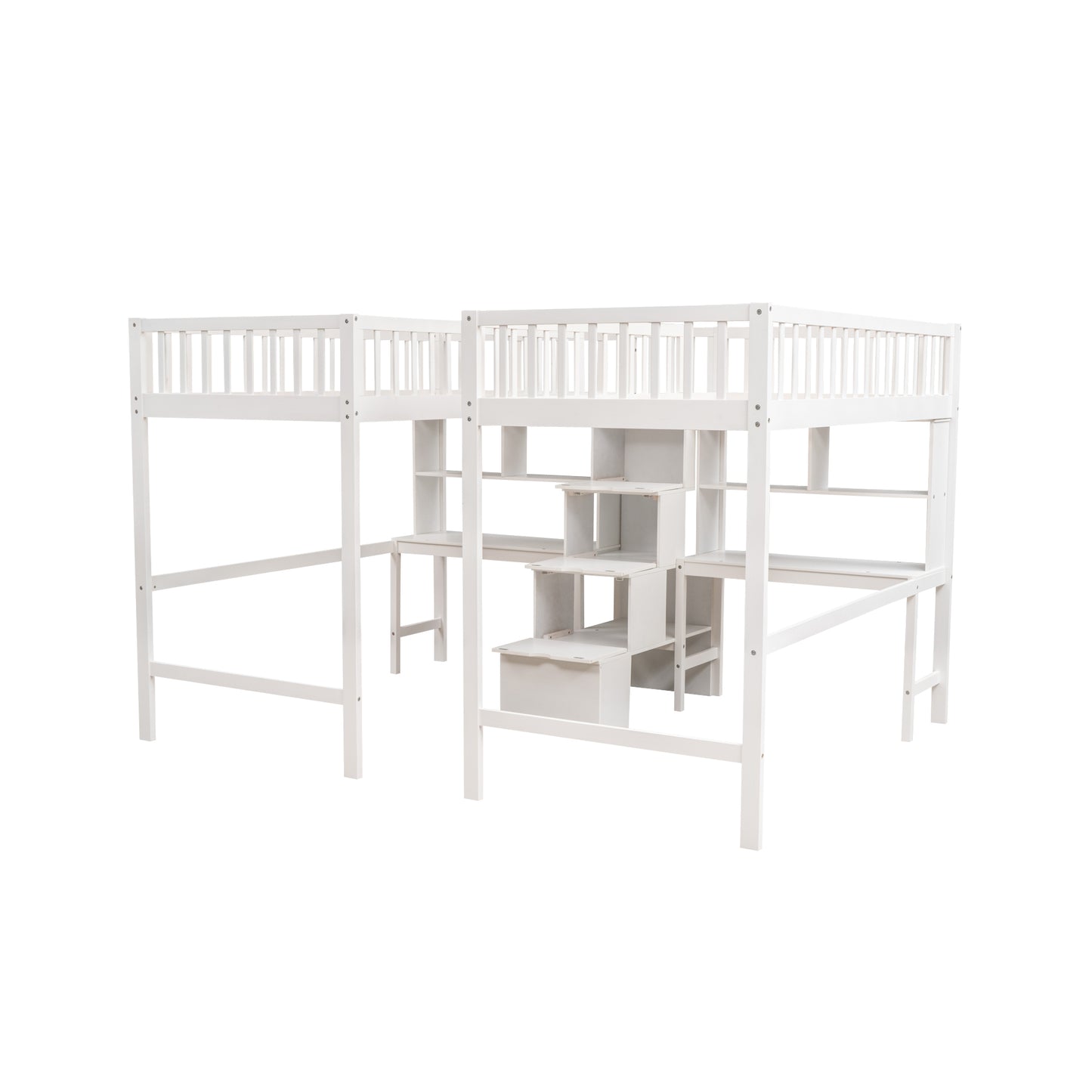 Twin & Twin Size Loft Bed with 2 Built-in Desks and Shelves, Storage Staircase, White