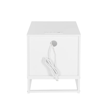 Nightstand with  LED Lights / Drawer, White Bedside Table for Bedroom