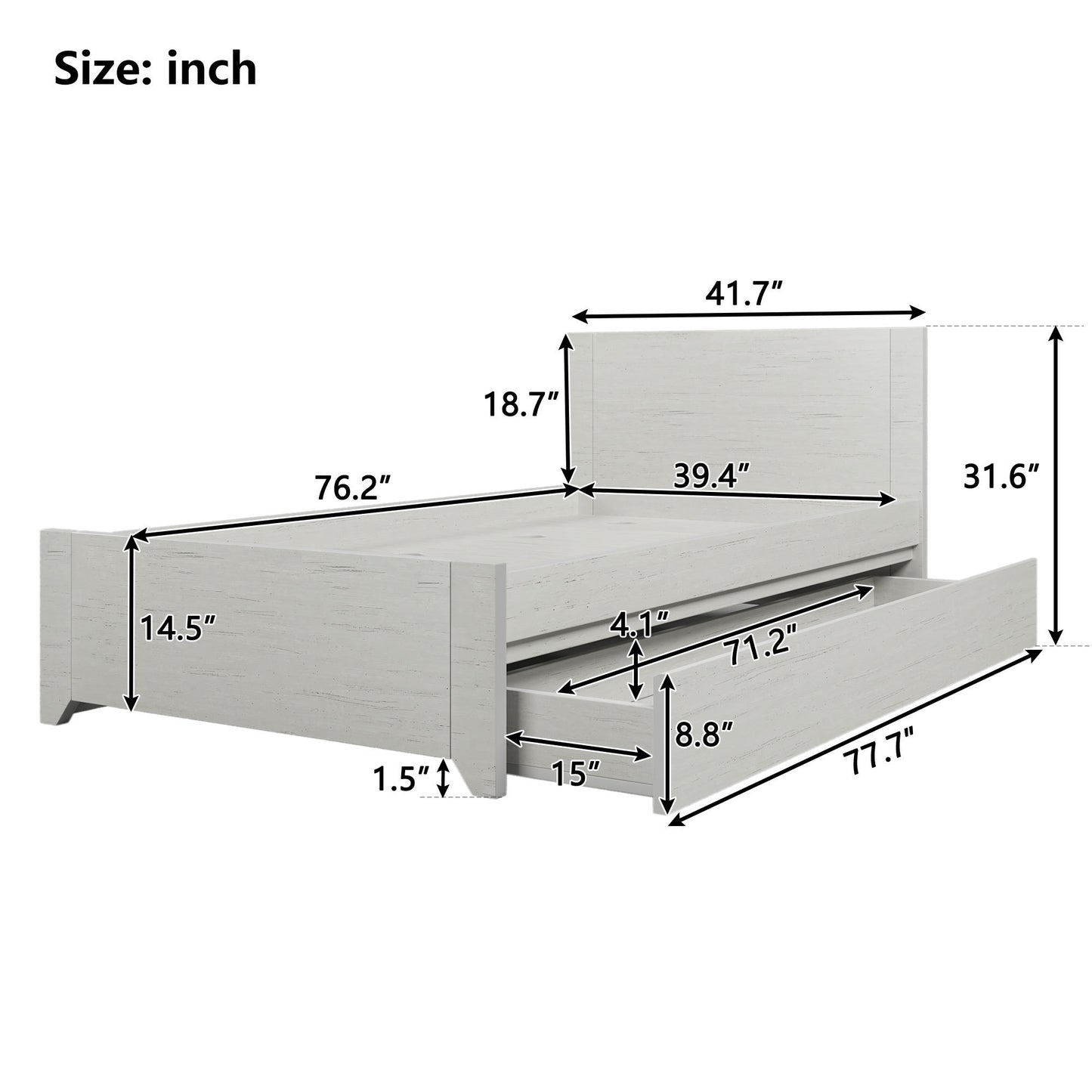 Off White Simple Style Manufacture Wood Twin Size Bed with Reversible Pull-out Storage Drawer Gray Wood Grain Sticker Surfaces for Limited Space Small Bedroom Guest Room Children's Room