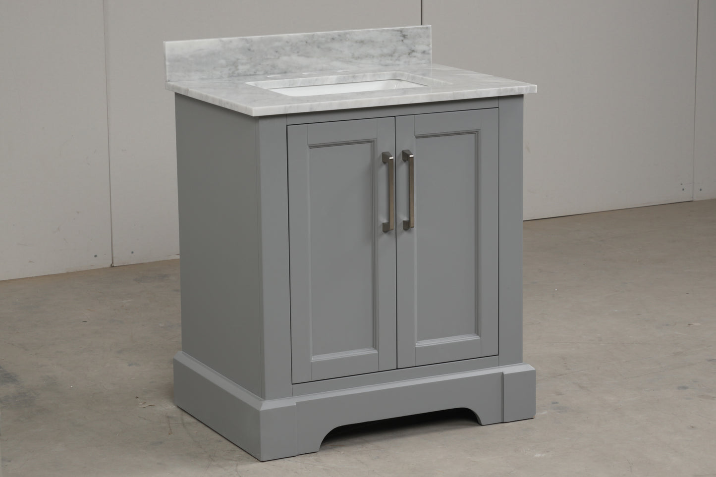 30” Single Solid Wood Bathroom Vanity Set, with Drawers, Carrara White Marble Top, 3 Faucet Hole