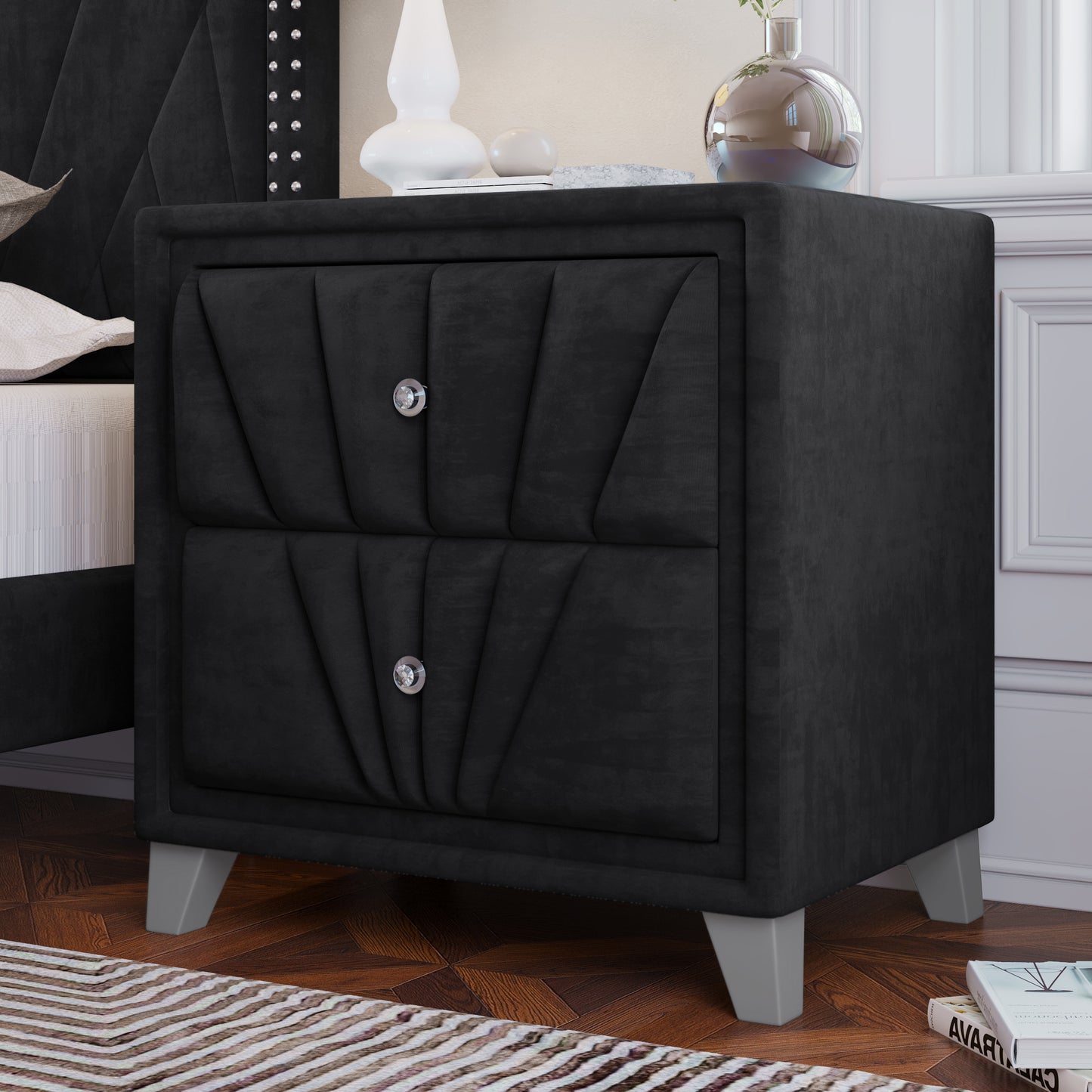 Contemporary Velvet Upholstered Glass Top Nightstand End table with Two Drawers Gray Solid Wood,Black