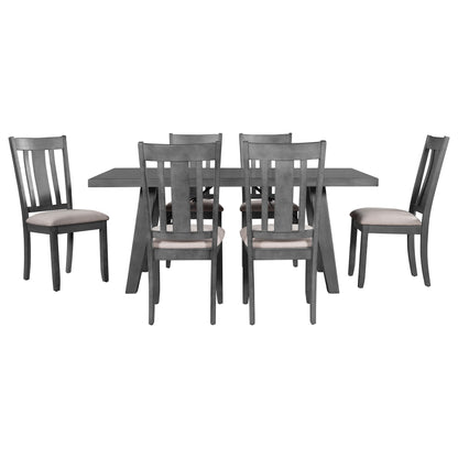 TREXM 7-Piece Dining Room Set - 72" Industrial Style Rectangular Table with Chain Bracket and 6 Dining Chairs (Gray)