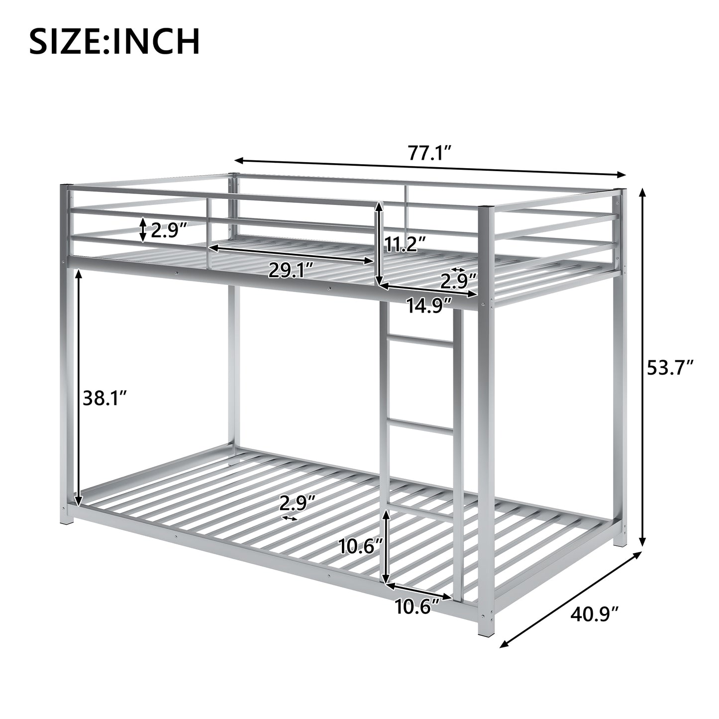 Twin over Twin Metal Bunk Bed, Low Bunk Bed with Ladder,Silver(OLD SKU:WF282465AAN)