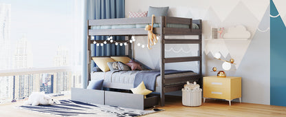 Full over Full Wood Bunk Bed with 2 Drawers, Gray