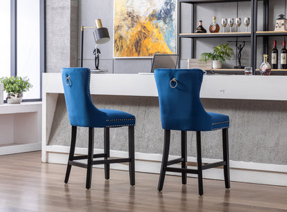 Set of 2 Upholstered Blue Velvet Bar stool with Solid Wood Legs