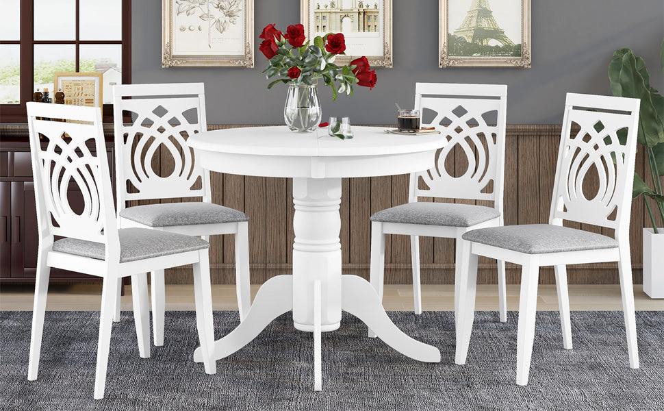 TOPMAX Mid-Century 5-Piece Extendable Round Dining Table Set with 4 Upholstered Dining Chairs for Small Places, White