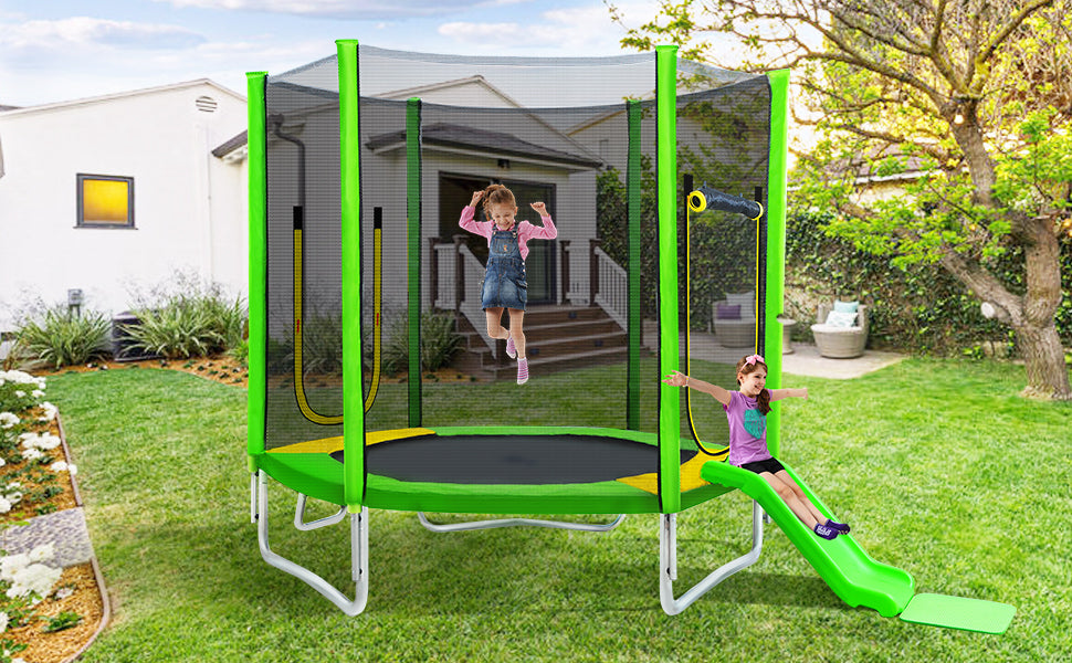 7FT Trampoline for Kids with Safety Enclosure Net, Slide and Ladder, Easy Assembly Round Outdoor Recreational Trampoline