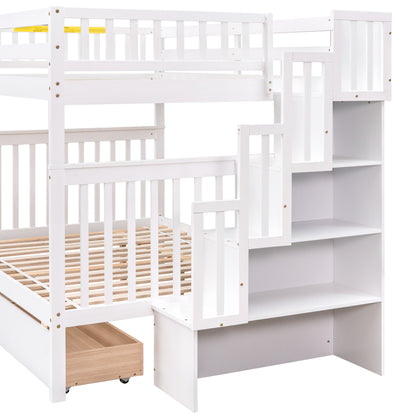 Full Over Full Bunk Bed with 2 Drawers and Staircases, Convertible into 2 Beds, the Bunk Bed with Staircase and Safety Rails for Kids, Teens, Adults, White