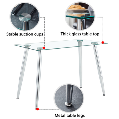 Modern Minimalist Rectangular Glass  Dining Table for 4-6 with 0.31" Tempered Glass Tabletop and Silver plating Metal Legs, Writing Table Desk, for Kitchen Dining Living Room, 51" W x 31"D x 30" H