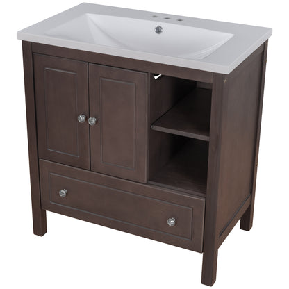 [VIDEO] 30" Bathroom Vanity with Sink, Bathroom Storage Cabinet with Doors and Drawers, Solid Wood Frame, Ceramic Sink, Brown