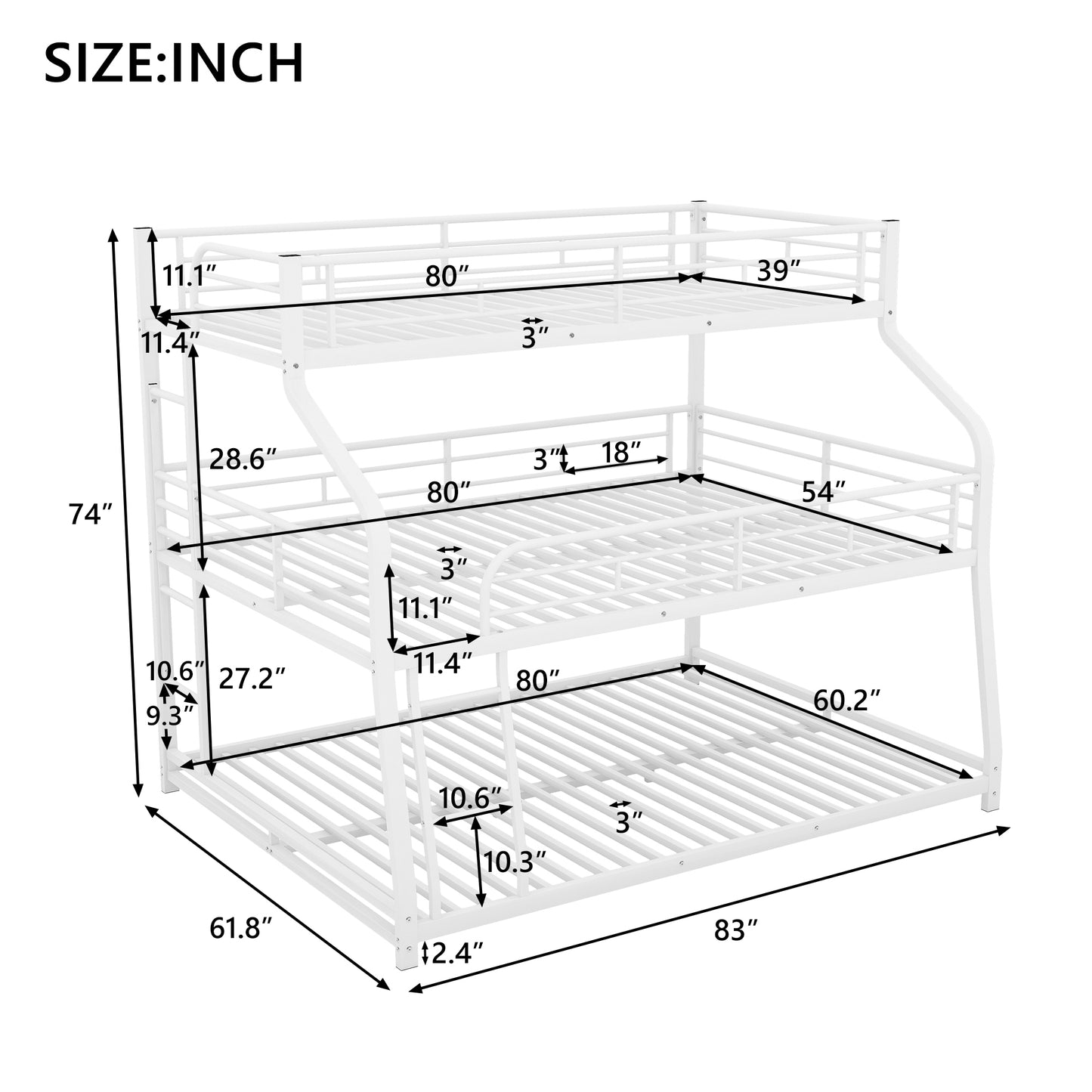 Twin XL/Full XL/Queen Triple Bunk Bed with Long and Short Ladder and Full-Length Guardrails,White