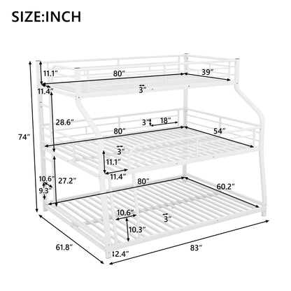 Twin XL/Full XL/Queen Triple Bunk Bed with Long and Short Ladder and Full-Length Guardrails,White