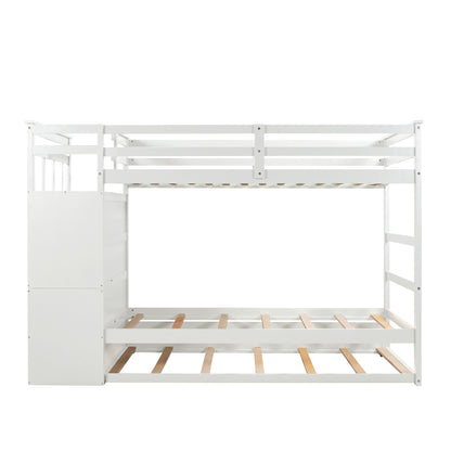 Solid Wood Bunk Bed, Hardwood Twin Over Twin Bunk Bed with Trundle and Staircase, Natural White Finish(OLD SKU :LP000068AAP)