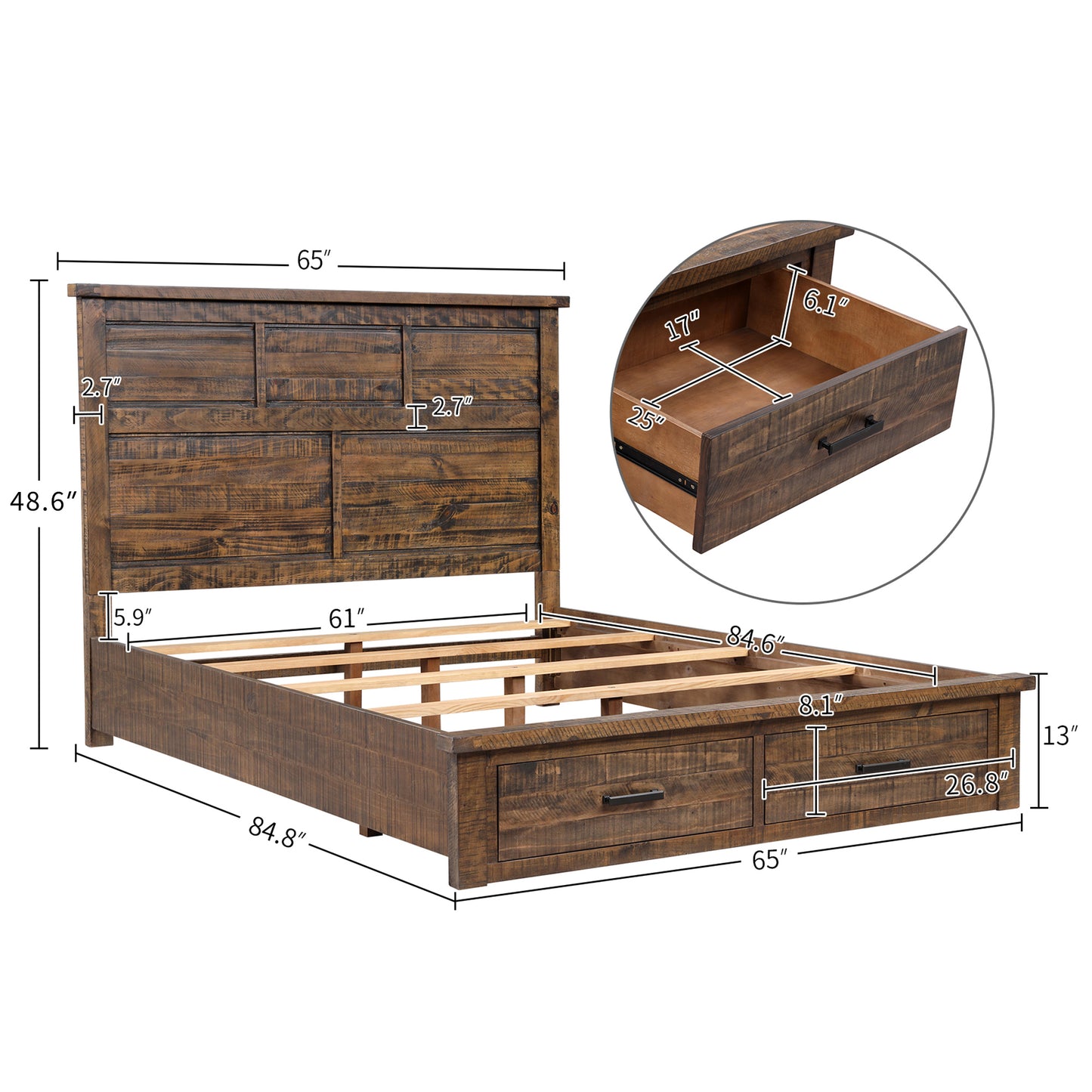 Rustic Reclaimed Solid Wood Framhouse Storage Queen Bed