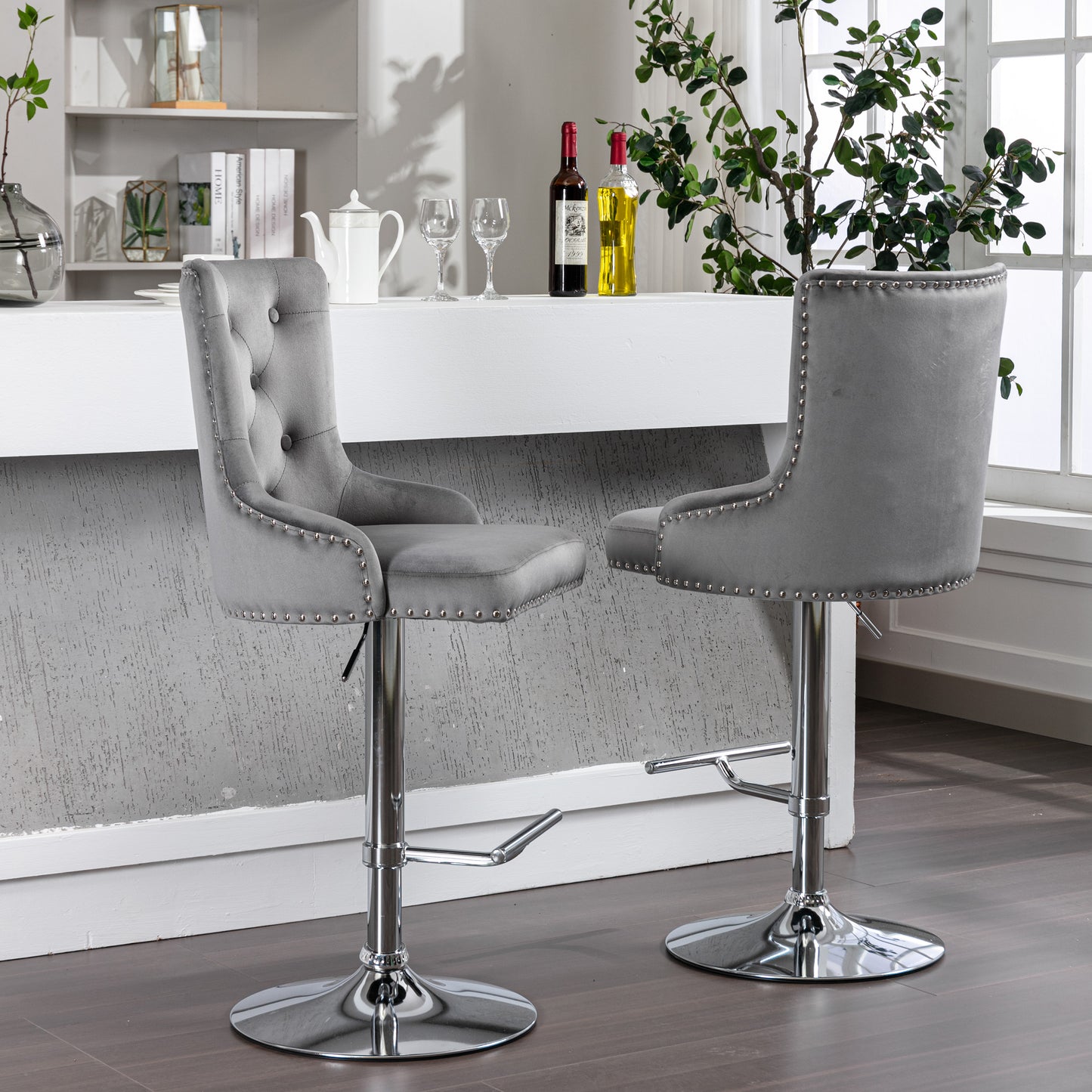 Swivel Velvet Barstools Adjusatble Seat Height , Modern Upholstered Bar Stools with Backs Comfortable Tufted for Home Pub and Kitchen Island（Gray,Set of 2）