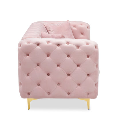 New design comfortable pink loveseat with two throw pillows in the same color