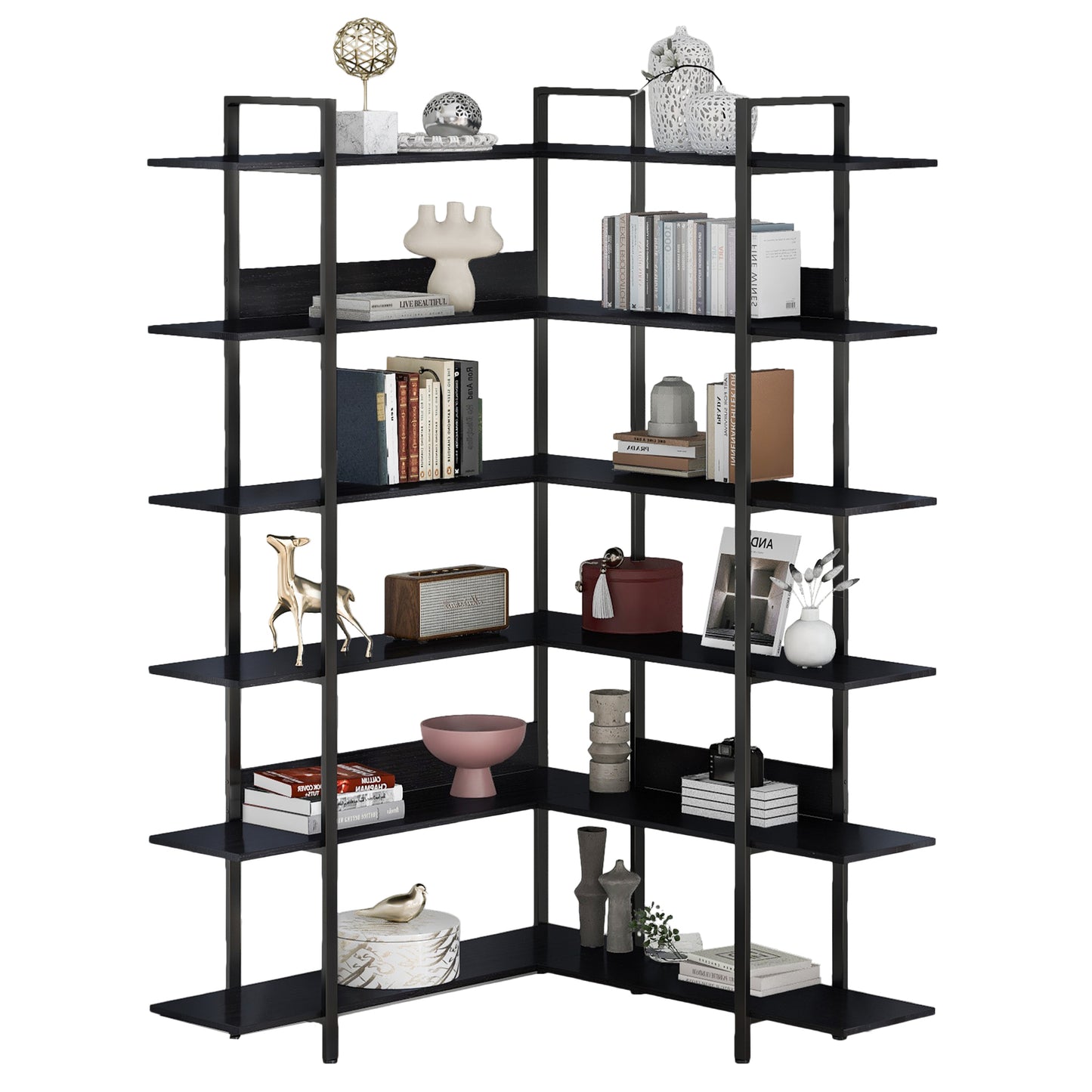 74.8 Inch Bookshelf L-shape MDF Boards Stainless Steel Frame Corner 6-tier Shelves Adjustable Foot Pads, Black