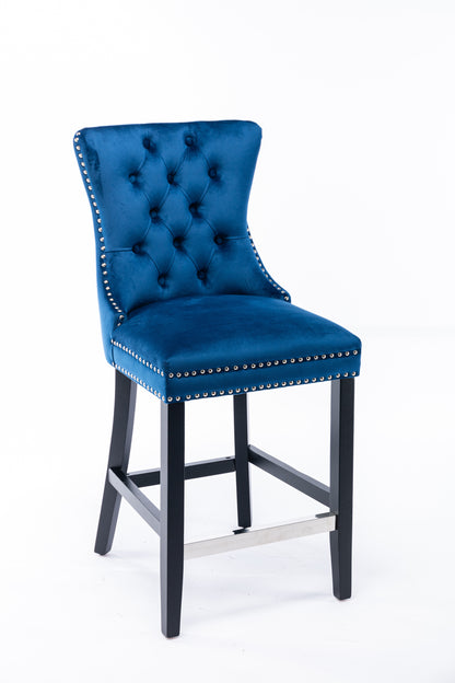 Set of 2 Upholstered Blue Velvet Bar stool with Solid Wood Legs