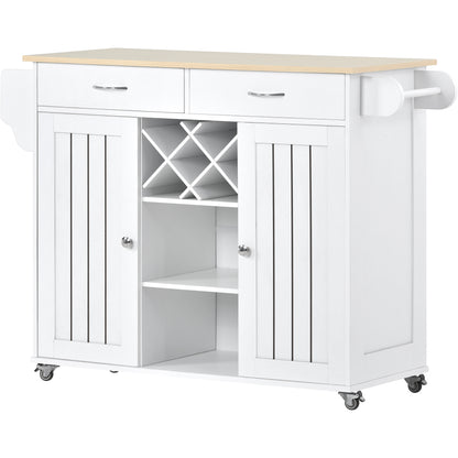 K&K Store Kitchen Island Cart with Two Storage Cabinets and Four Locking Wheels，Wine Rack, Two Drawers,Spice Rack, Towel Rack （White）