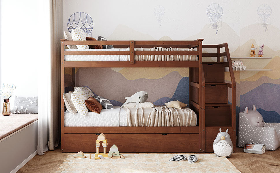 Twin-Over-Twin Bunk Bed with Twin Size Trundle and 3 Storage Stairs,Walnut (OLD SKU :LP000064AAD)