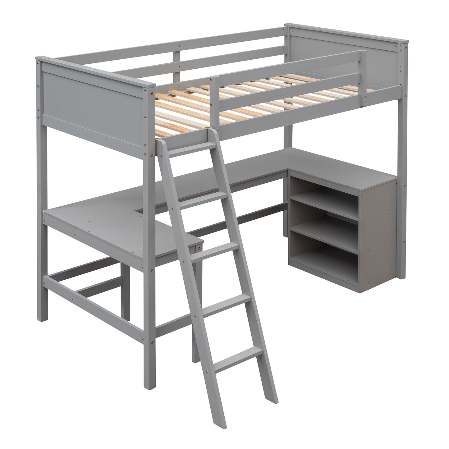 Twin size Loft Bed with Shelves and Desk, Wooden Loft Bed with Desk - Gray(OLD SKU:LT000537AAE)