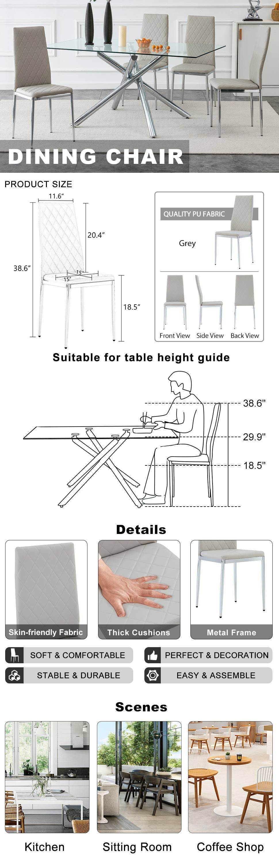 Grid Shaped Armless High Back Dining Chair, 4-piece set, Office Chair. Applicable to DiningRoom, Living Room, Kitchen and Office.Grey Chair and Electroplated Metal Leg