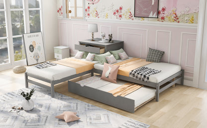 L-Shaped Full Size and Twin Size Platform Beds with Twin Size Trundle and Drawer Linked with Built-in Rectangle Table,Gray