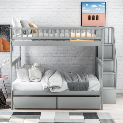 Full over Full Bunk Bed with Two Drawers and Storage, Gray