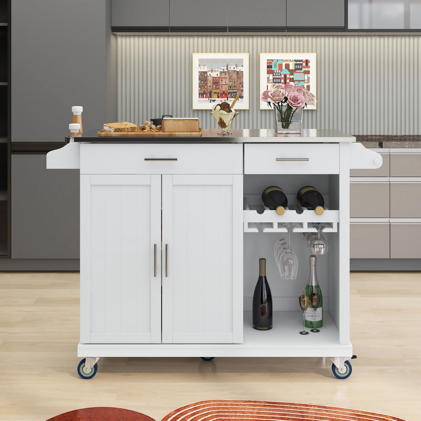 K&K Kitchen Cart with Stainless Steel Top and Storage Cabinet, Kitchen Island on Wheels with Two Drawers & Goblet Holder & Wine Rack & Spice Rack & Towel Holder, L51xW18xH37 Inches