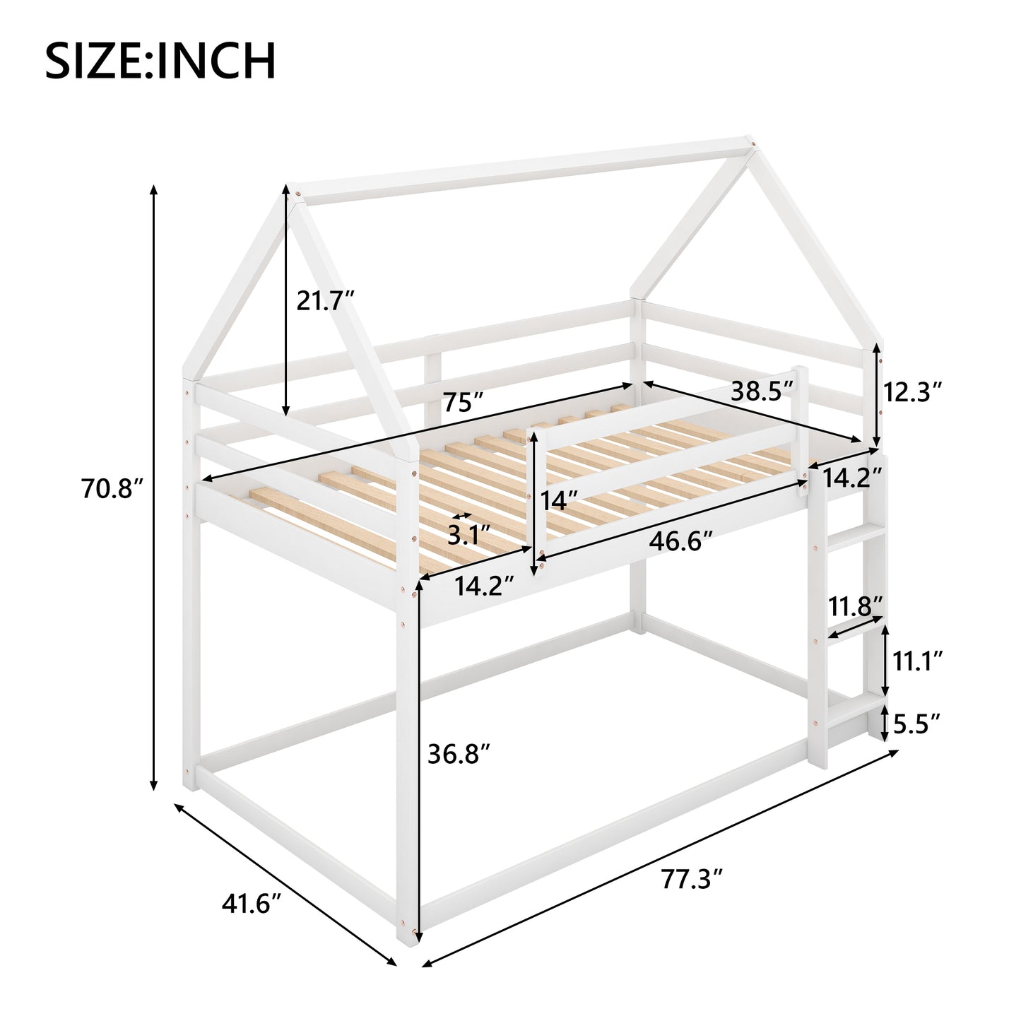 Twin over Twin Low Bunk Bed, House Bed with Ladder , White(OLD SKU:WF197808AAK)