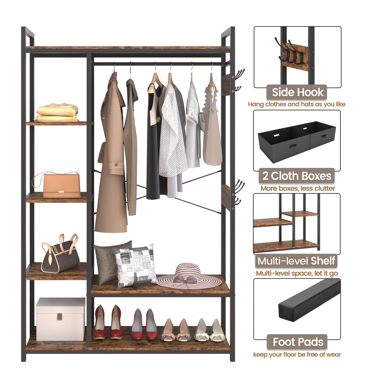 JHX Organized Garment Rack with Storage, Free-Standing Closet System with Open Shelves and Hanging Rod(Rustic Brown,43.7’’w x 15.75’’d x 70.08’’h).