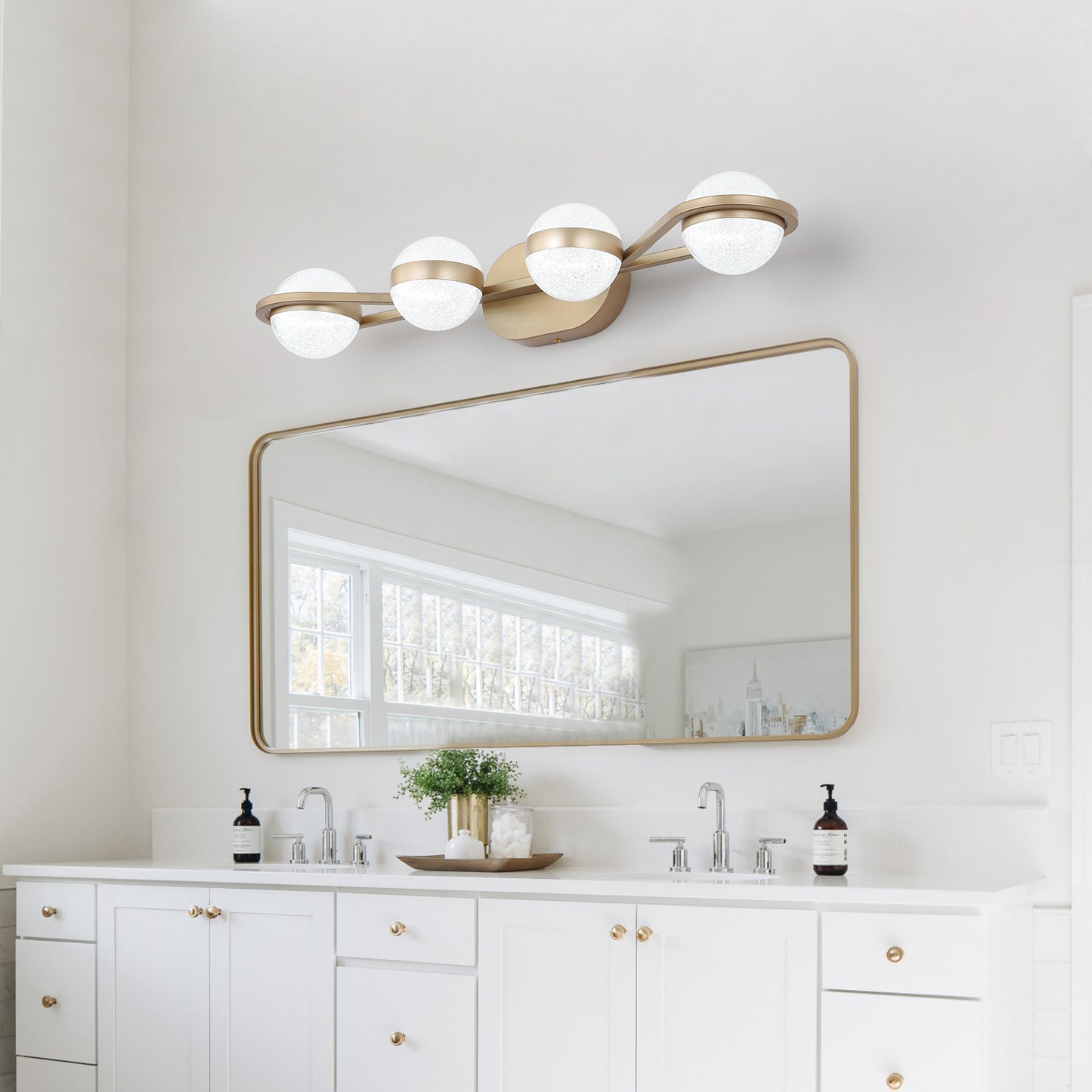 LED Bathroom Vanity Lights Fixtures, 4-Lights Brushed Brass  Globe Glass Shade Over Mirror