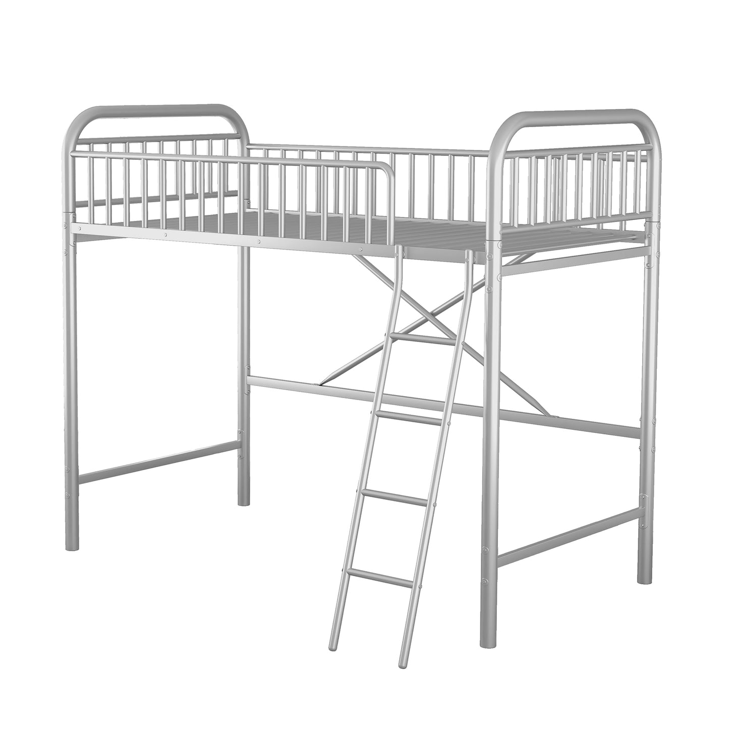 Twin Size Metal Loft Bed, No Box Spring Needed, Silver (Old SKU:SM000222AAN)