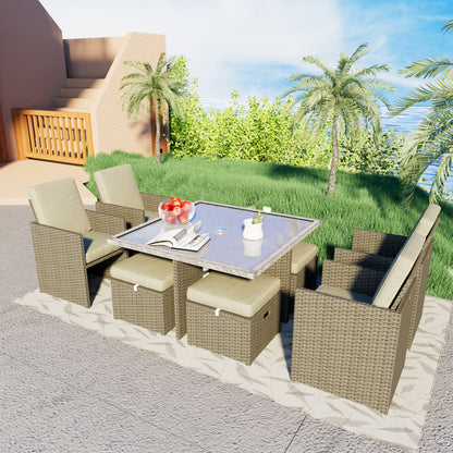 9 all-weather PE rattan terrace outdoor dining dialogue combination, with coffee table, chair, foot mat storage, detachable cushion (brown rattan, beige cushion)