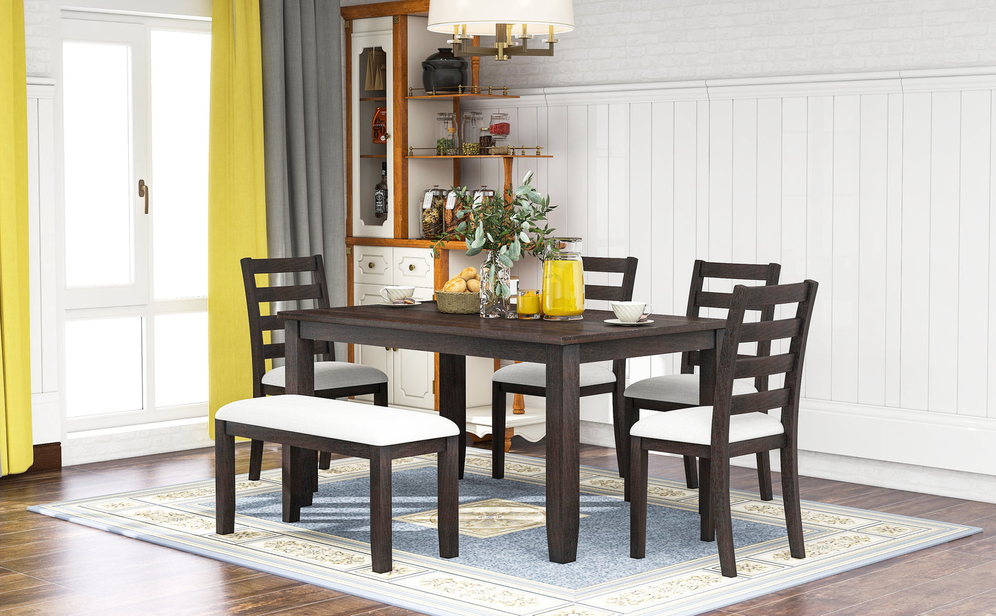 TREXM Rustic Style 6-Piece Dining Room Table Set with 4 Upholstered Chairs & a Bench (Espresso)