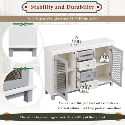 TREXM Retro Style Cabinet with 4 Drawers of the Same Size and 2 Iron Mesh Doors for Living Room and Entryway