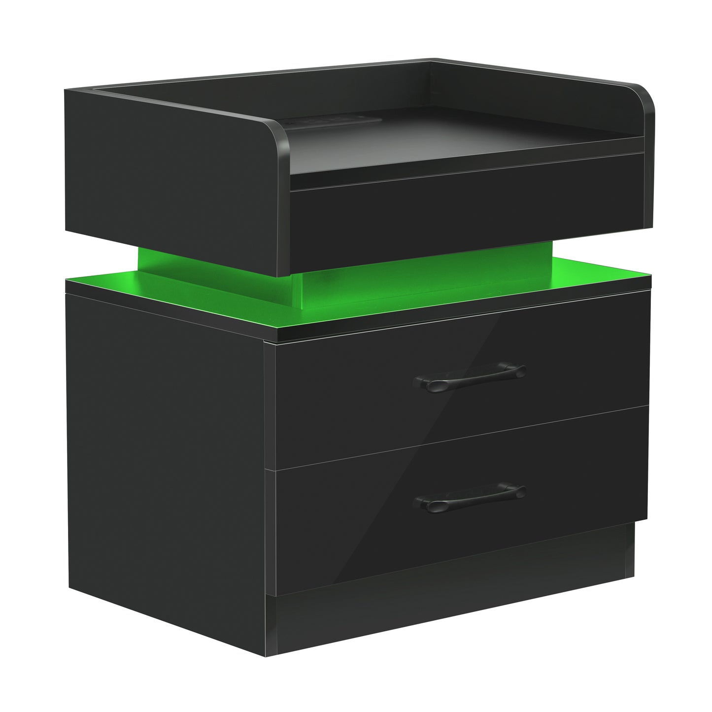 Nightstand with 2 Drawers,USB Charging Ports, Wireless Charging and Remote Control LED Light-Black