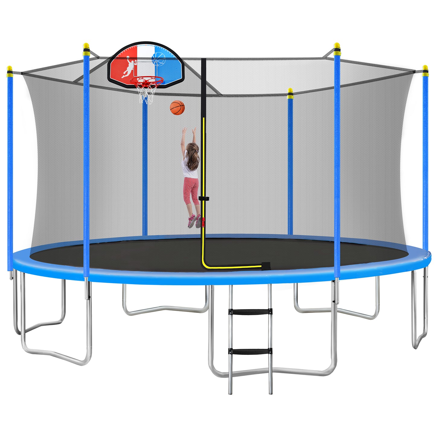 15FT Trampoline for Kids with Safety Enclosure Net, Basketball Hoop and Ladder, Easy Assembly Round Outdoor Recreational Trampoline