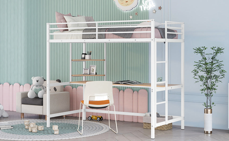 Twin Metal Loft Bed with Desk and Shelve,White