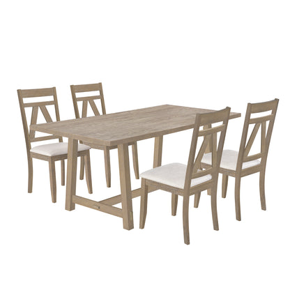 TOPMAX Rustic 5-Piece Large Wood Dining Table Set with 70inch Table and 4 Upholstered Dining Chairs,Brown