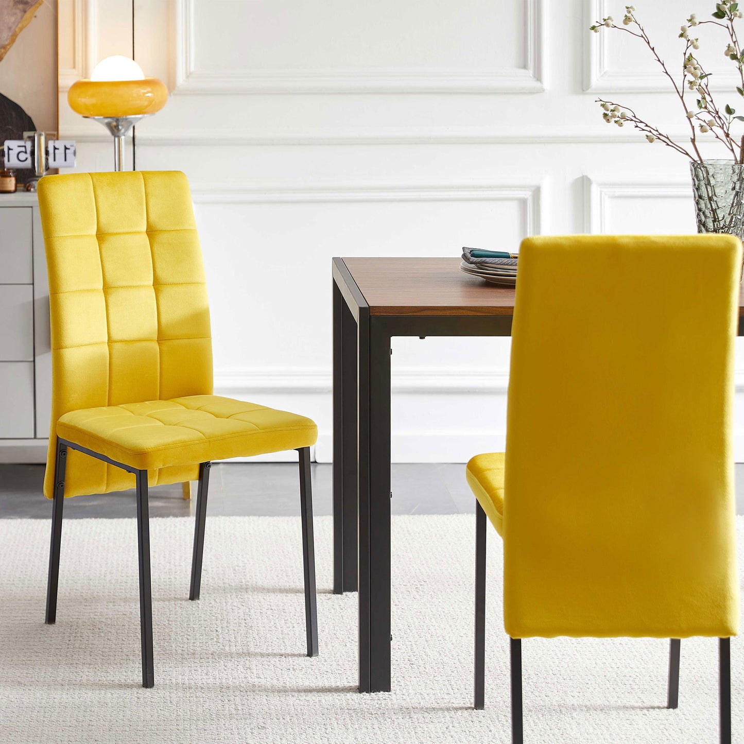 Yellow Velvet High Back Nordic Dining Chair Modern Fabric Chair with Black Legs, Set Of 4